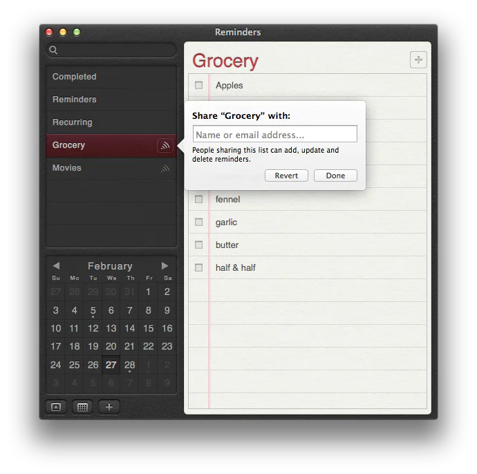 Mac Reminders app displaying the sharing dialog for a Grocery list