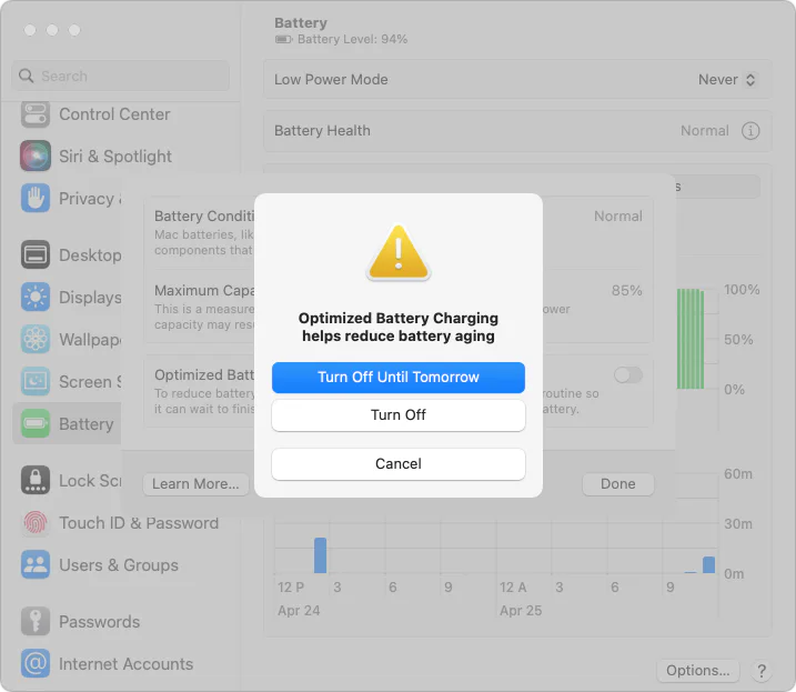 Mac Battery settings confirmation for disabling optimized battery charging