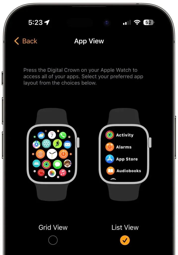 Apple Watch app settings for choosing grid view or list view