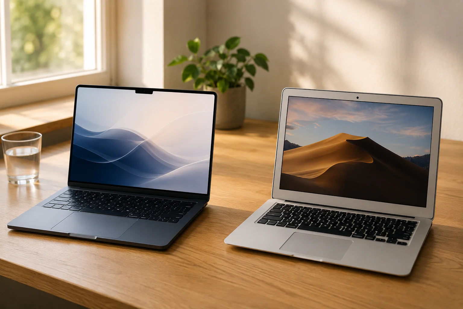 A new MacBook beside an older MacBook on a wooden desk