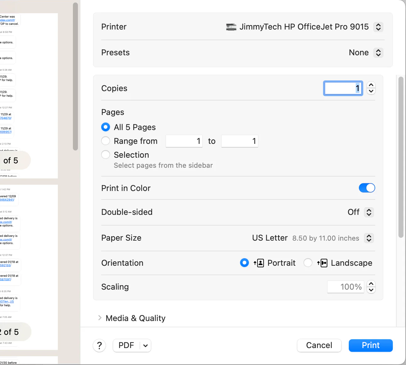 Mac print dialog for saving a Messages conversation as a PDF