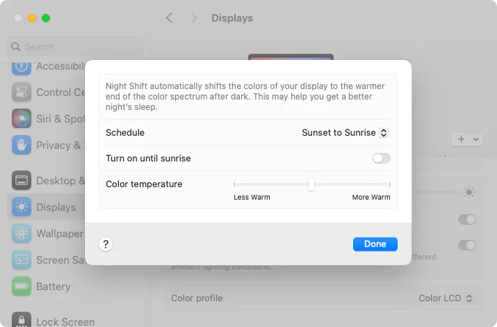 macOS Night Shift settings with schedule and color-temperature controls
