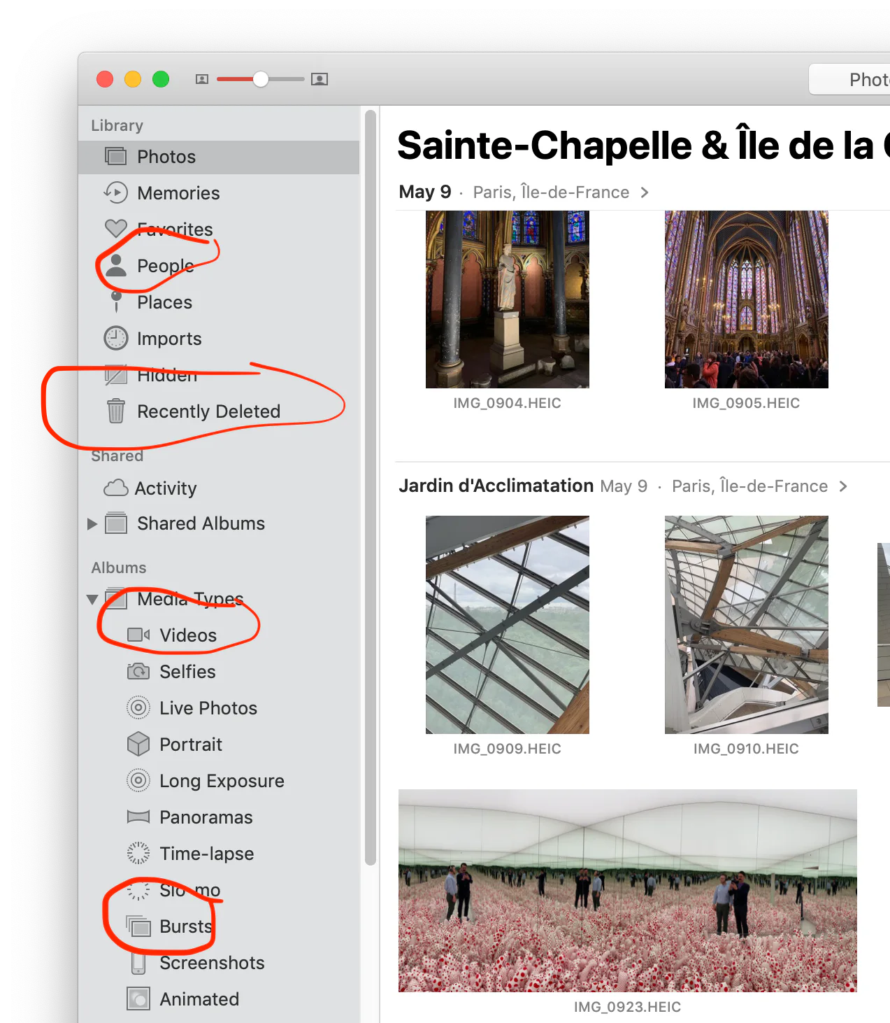 Mac Photos sidebar with Imports, Recently Deleted, Videos, and Bursts highlighted