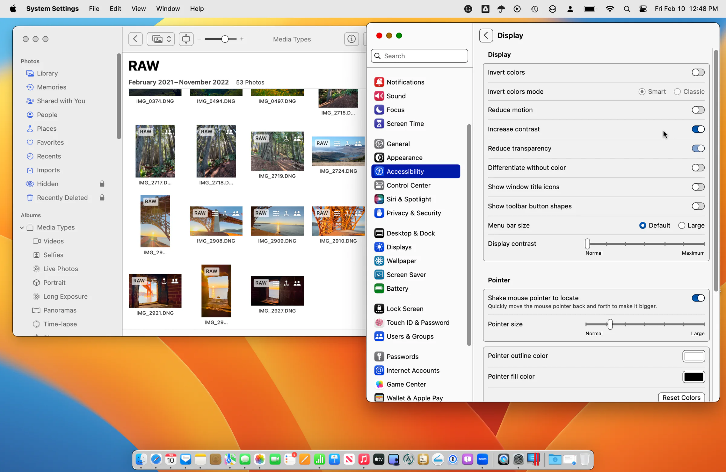 Mac Accessibility Display settings beside a Finder window demonstrating increased contrast