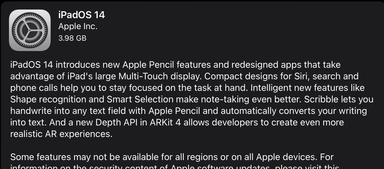 iPadOS 14 software update screen describing redesigned apps and Apple Pencil features