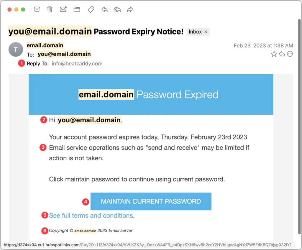 screenshot showing you@email.domain Password Expiry Notice! Inbox × email.domain To: you@email.domain
