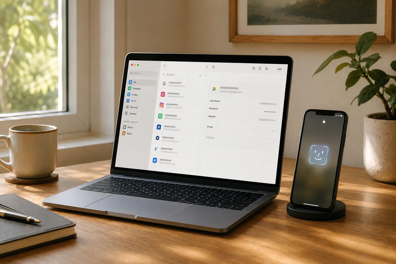 A Mac displaying saved passwords beside an iPhone using Face ID
