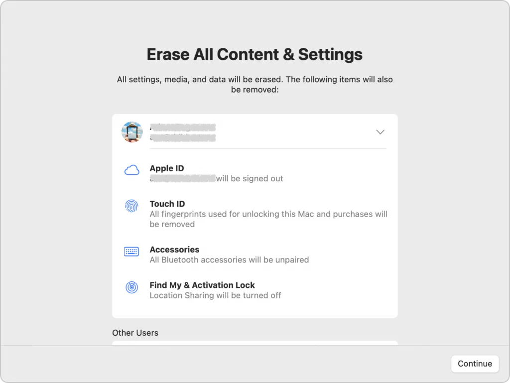 Mac screenshot showing Erase All Content & Settings be removed: Apple ID