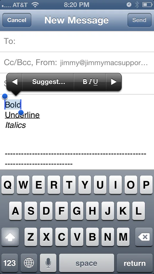iPhone screenshot showing New Message Send Cc/Bcc, From: jimmy@jimmymacsuppor