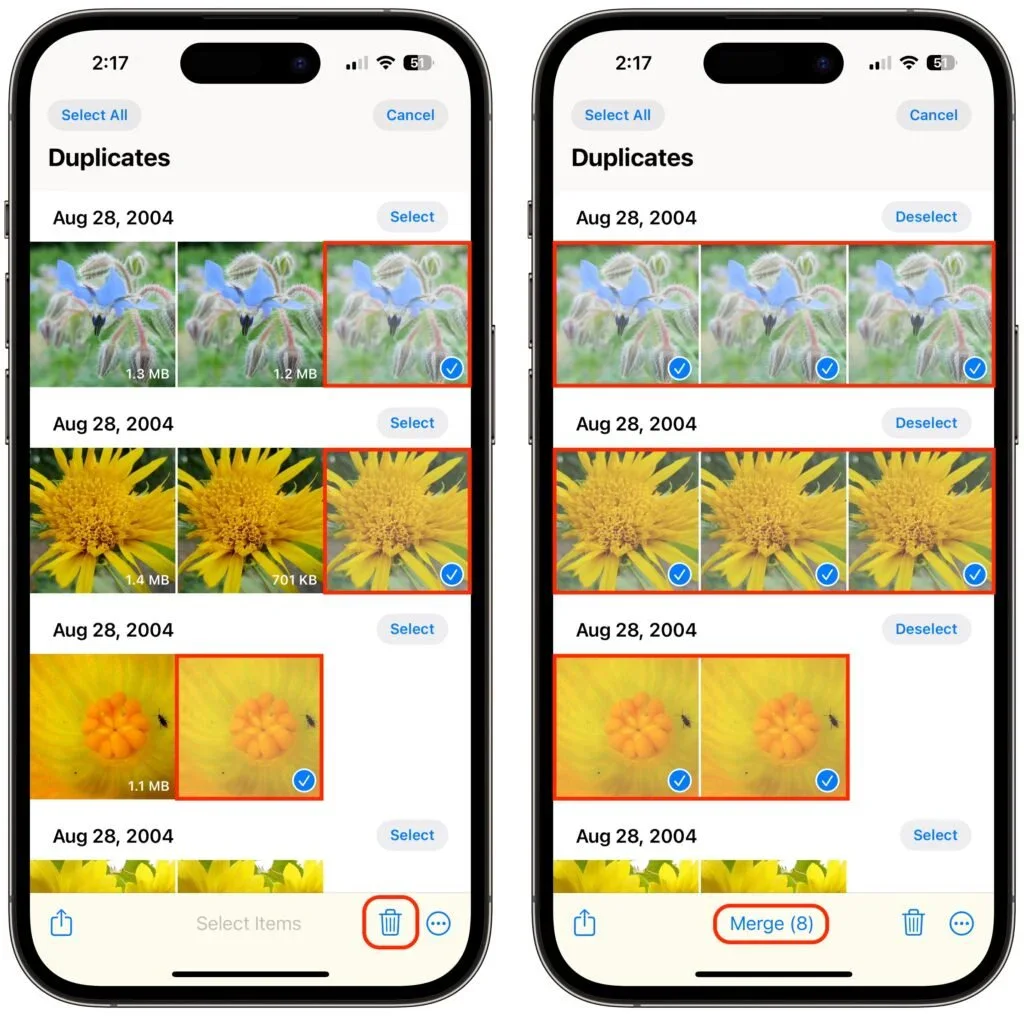 Two iPhone screens showing duplicate photos selected for merging