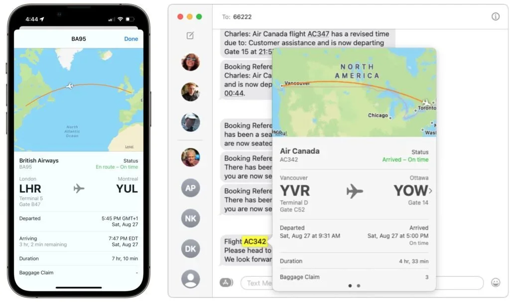iPhone and Mac Messages showing a tappable flight number and live flight details