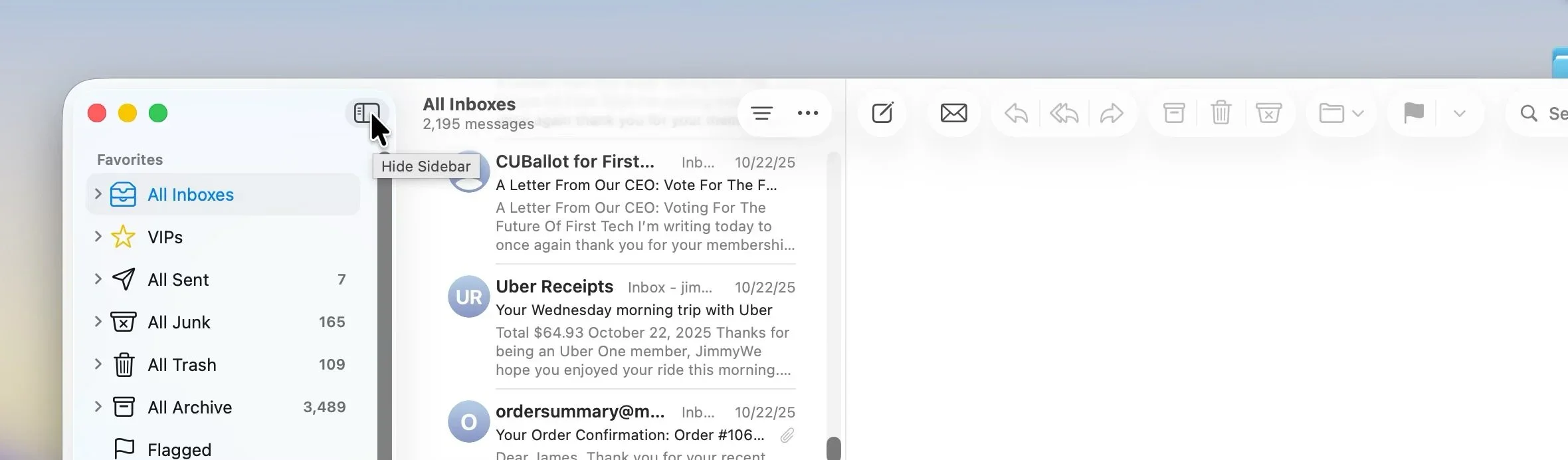 Hovering over the sidebar button, a tooltip pops up to show you what the button does.