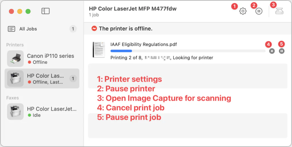 Mac printer queue annotated with steps for resolving a paused print job
