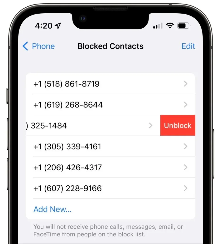 iPhone Blocked Contacts list with an Unblock button
