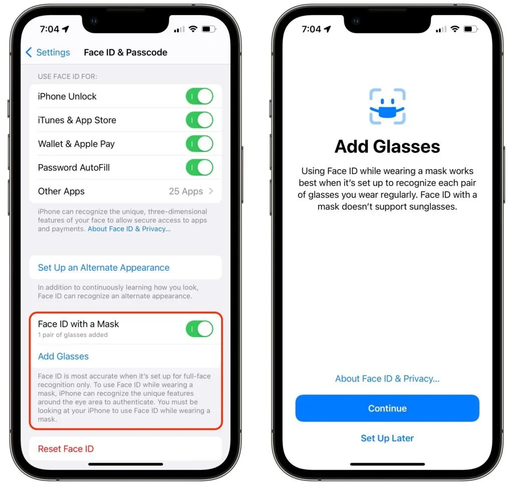 iPhone Face ID with a Mask settings and the Add Glasses setup screen