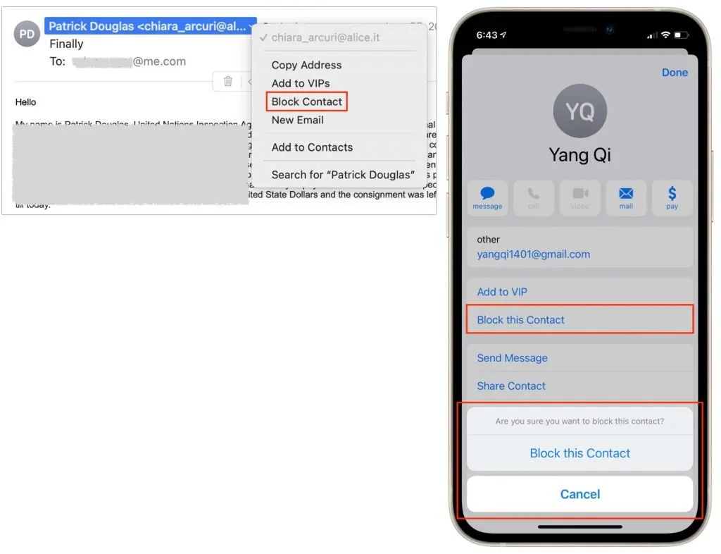 Mac and iPhone Mail menus with Block This Contact highlighted