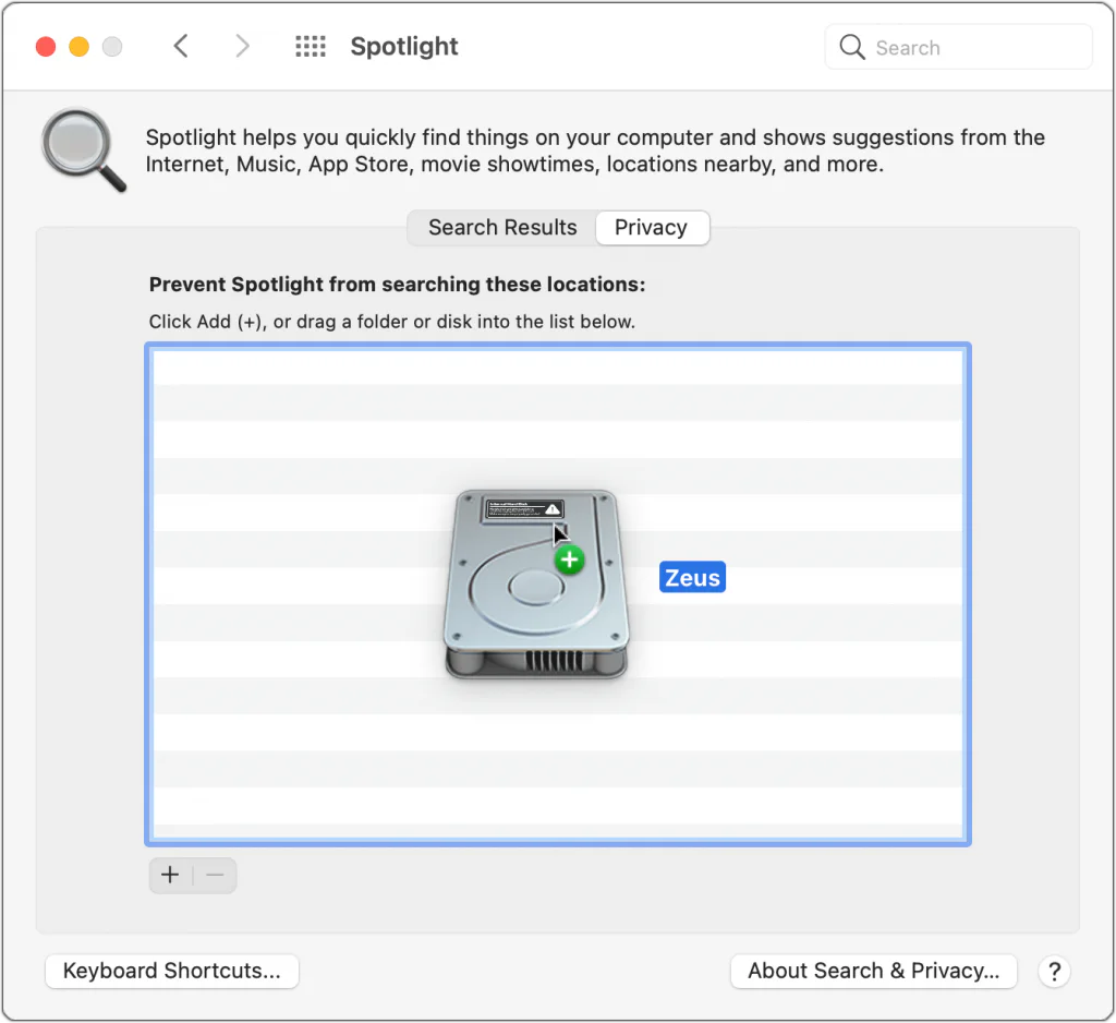Mac Spotlight Privacy settings with a disk added to the excluded locations list