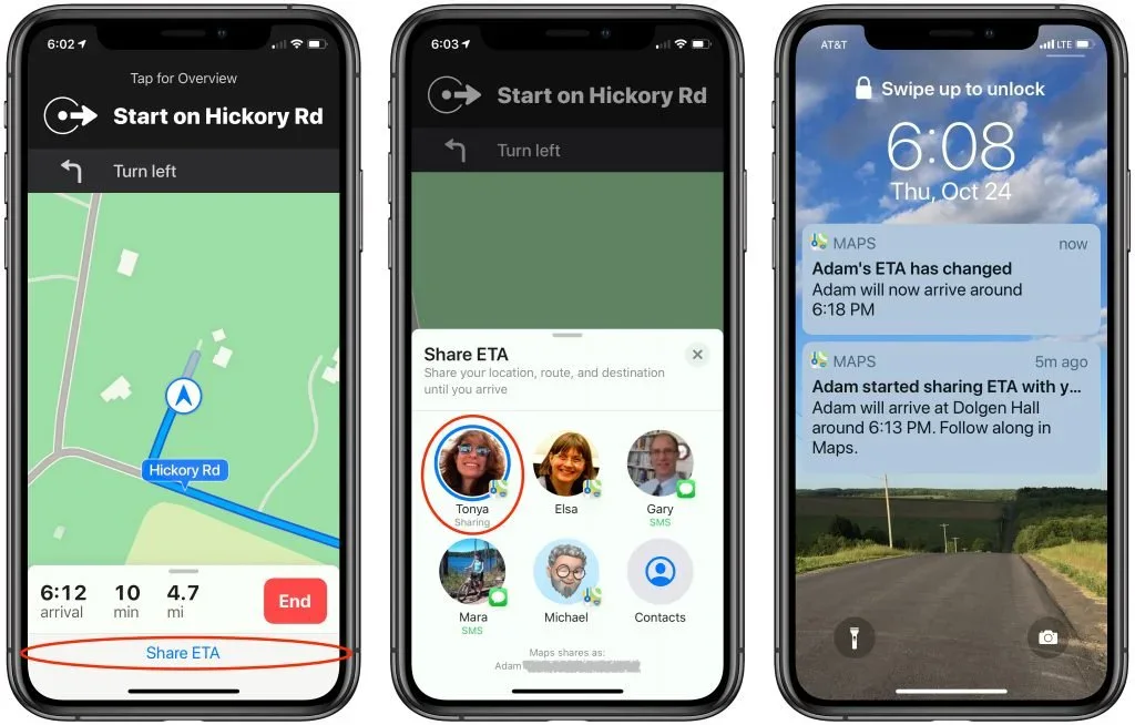 Three iPhones showing how to share a driving ETA from Apple Maps