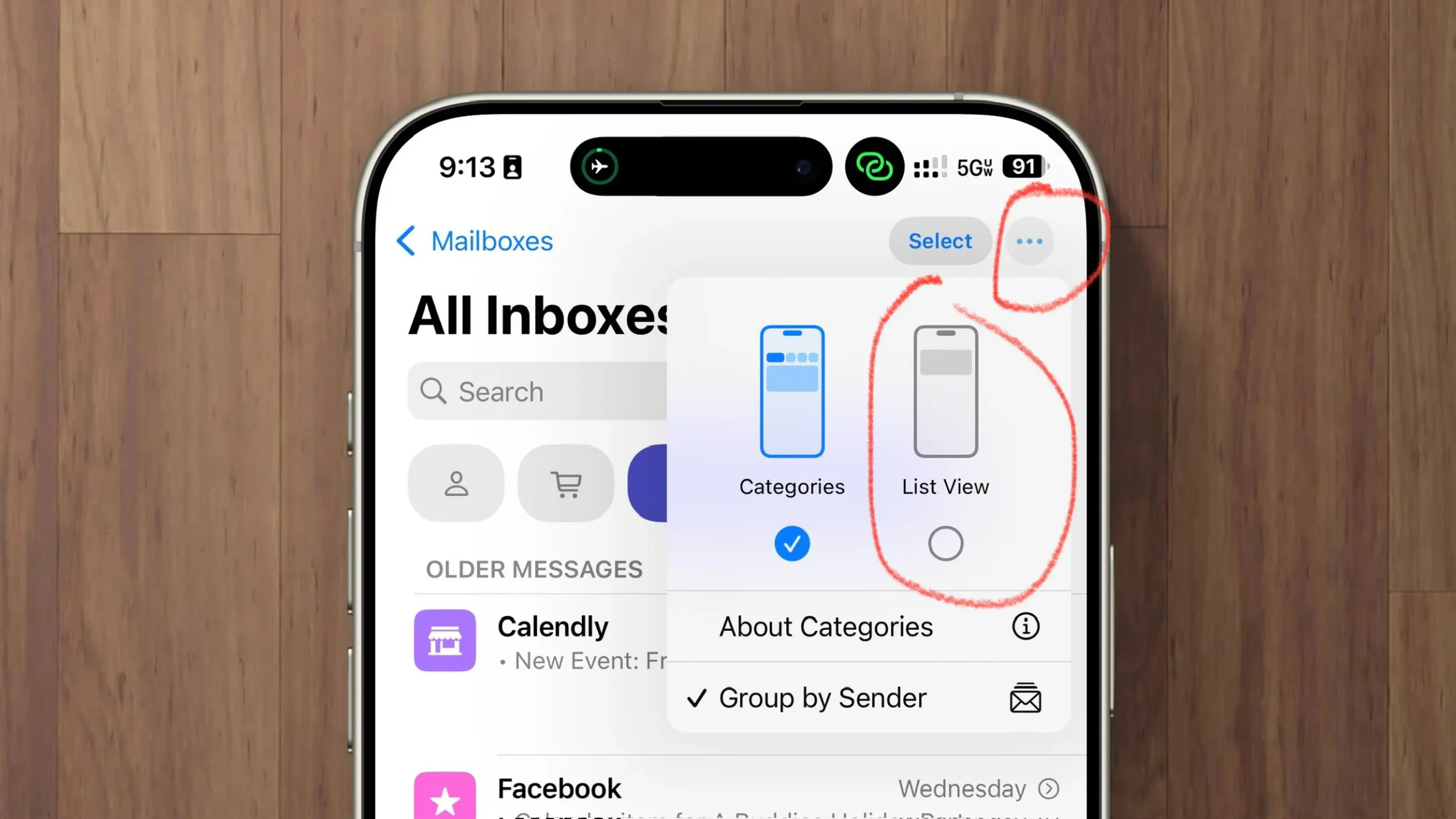 iPhone Mail inbox with the Categories and List View menu open