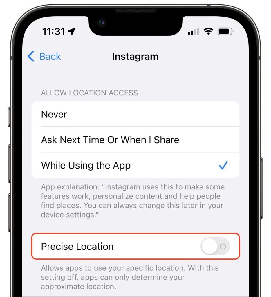 iPhone Location Services setting for Instagram with Precise Location disabled