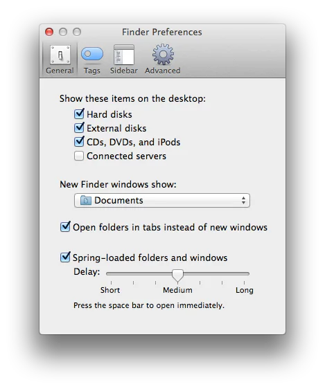 Mac screenshot showing Finder Preferences General Tags Sidebar Advanced