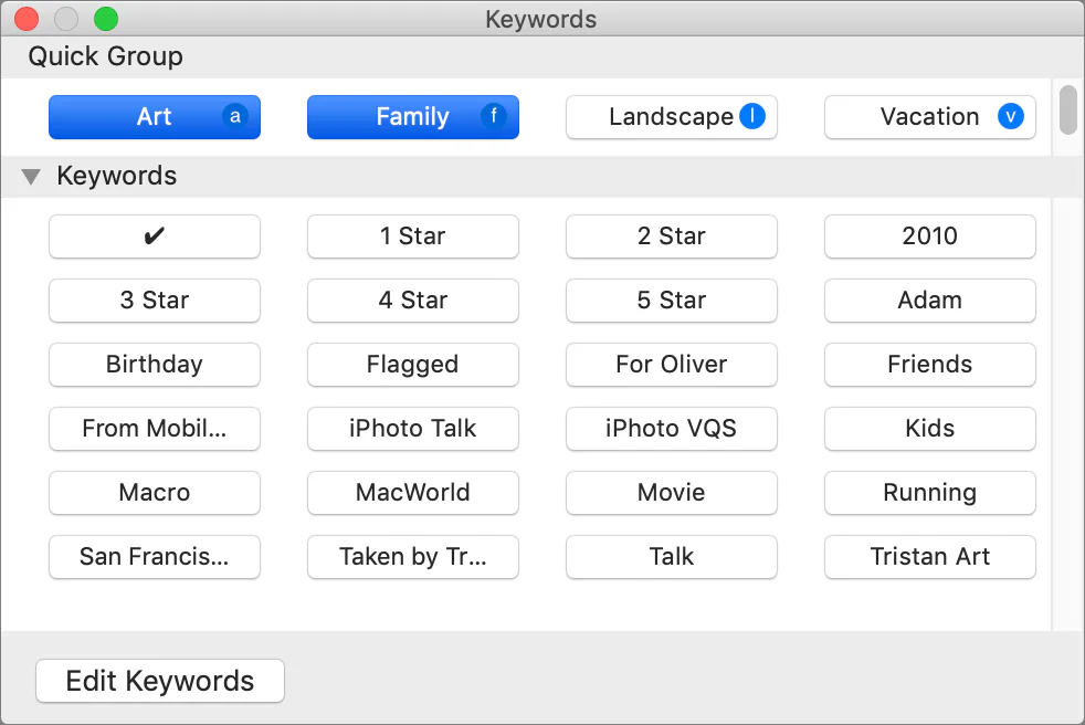 Photos keyword manager showing a grid of assigned keywords