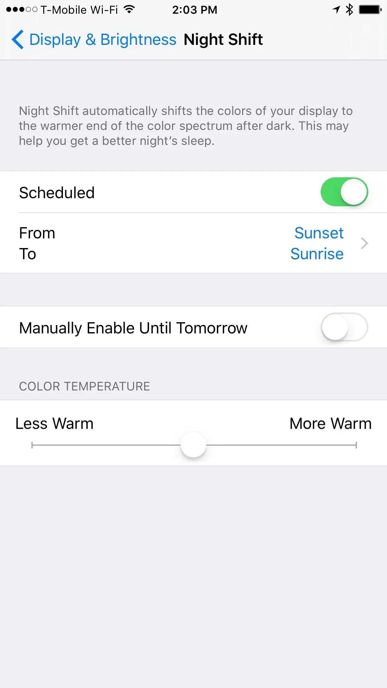 iPhone Display and Brightness settings showing the Night Shift schedule