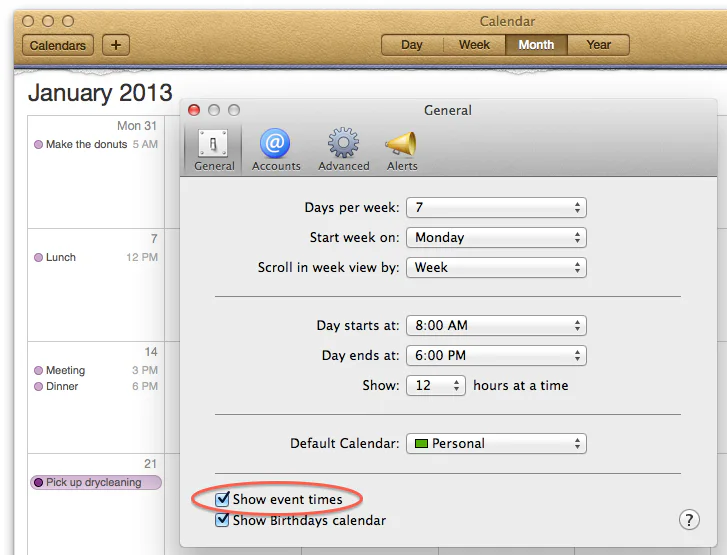 screenshot showing Calendars January 2013 Mon 31