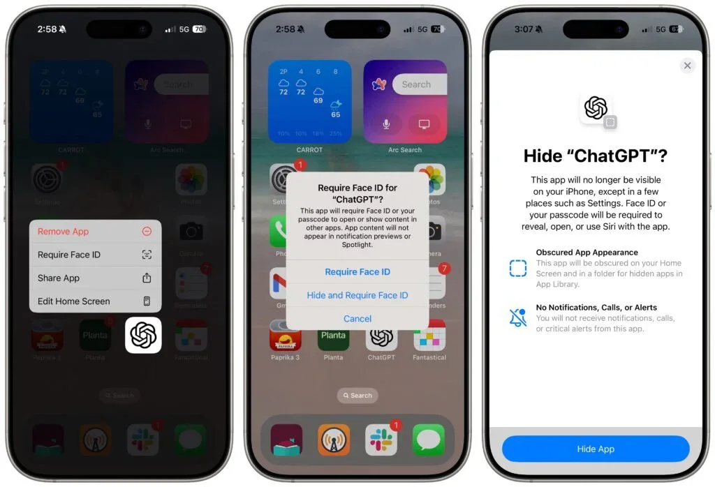 Three iPhones showing how to require Face ID for an app