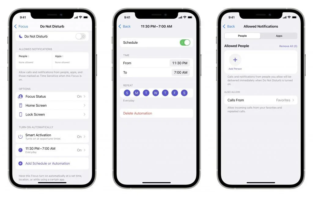 Three iPhone screens showing Do Not Disturb schedule and allowed notification settings