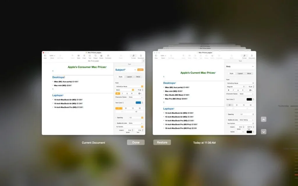 macOS document version browser showing current and previous versions side by side