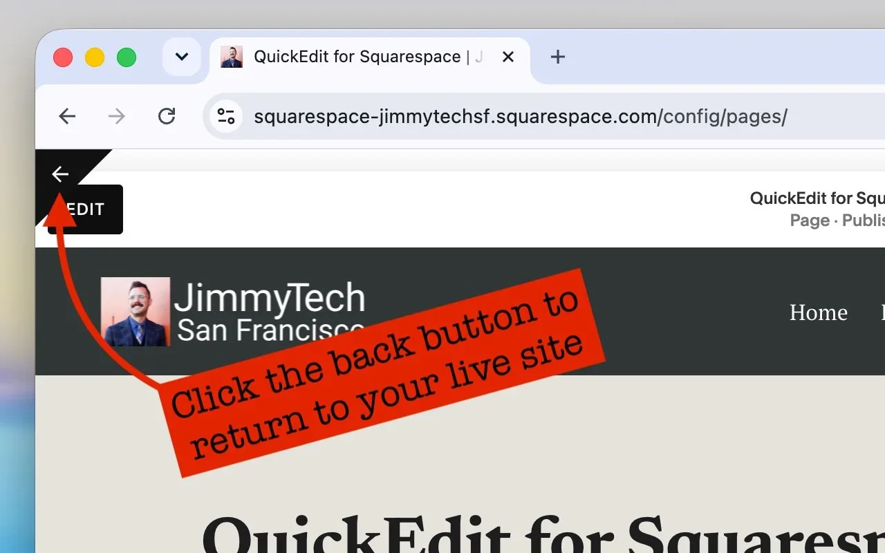 The Squarespace editor opened to a page, full width with the sidebar hidden.