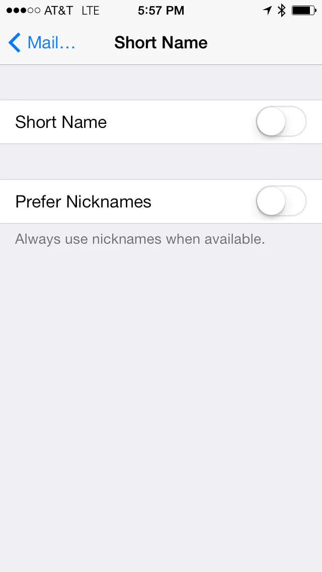 iPhone Messages Short Name settings with Prefer Nicknames turned off