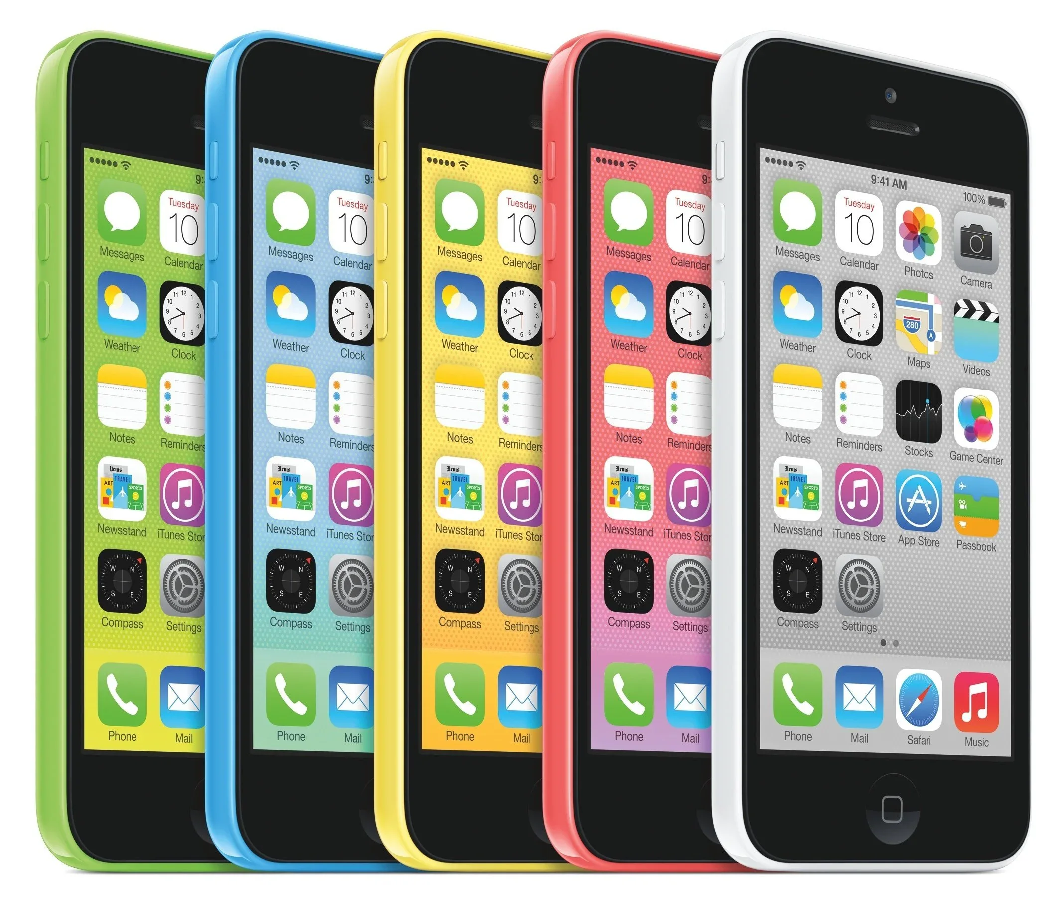 The iPhone 5c lineup in green, blue, yellow, pink, and white