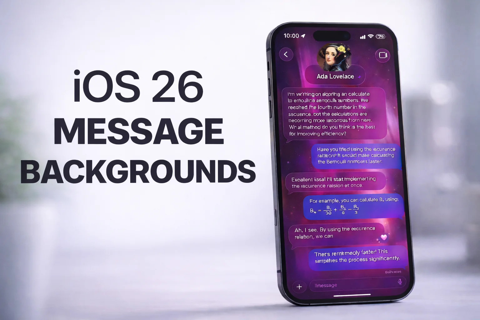 Apple device screenshot showing MESSAGE BACKGROUNDS Ada Lovelace