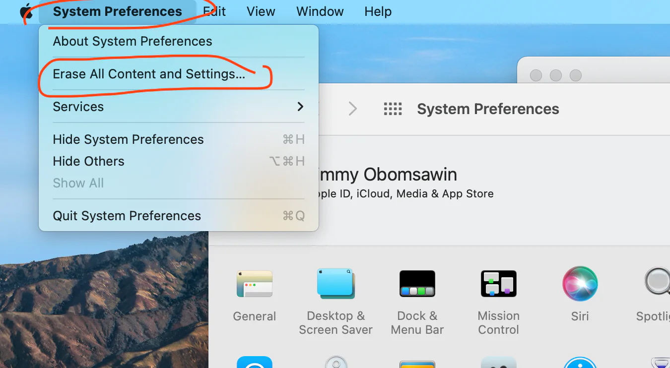 Mac screenshot showing System Preferences About System Preferences Erase All Content and Settings