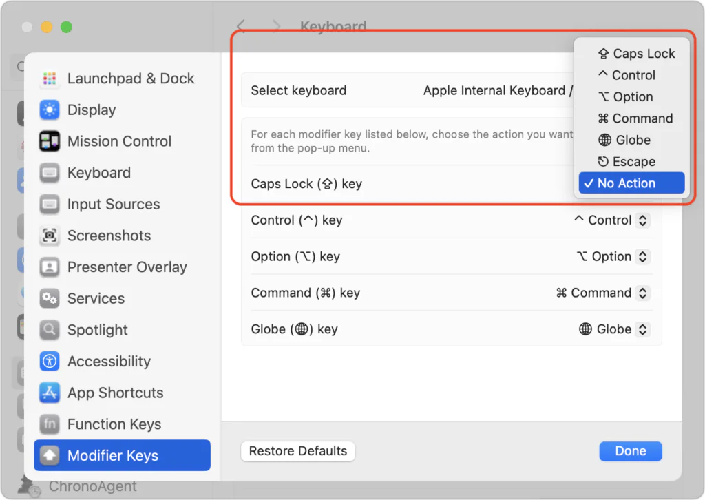 Mac Modifier Keys settings with Caps Lock assigned to No Action