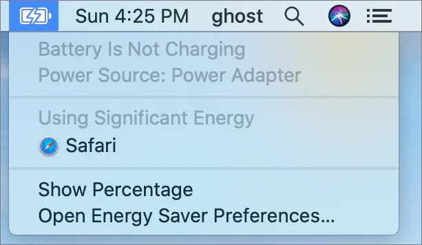 screenshot showing Sun 4:25 PM ghost Battery Is Not Charging Power Source: Power Adapter