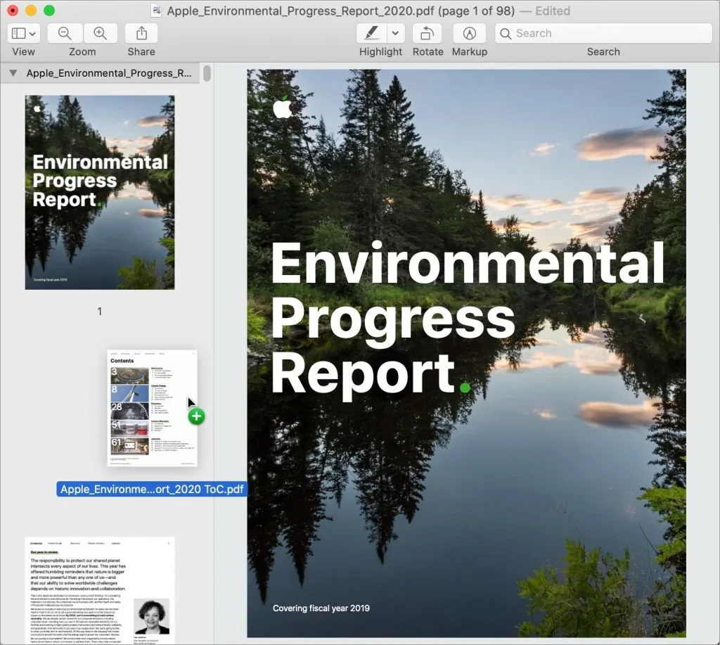 screenshot showing • Apple_Environmental_Progress_Report_2020.pdf (page 1 of 98) - Edited Q Search View
