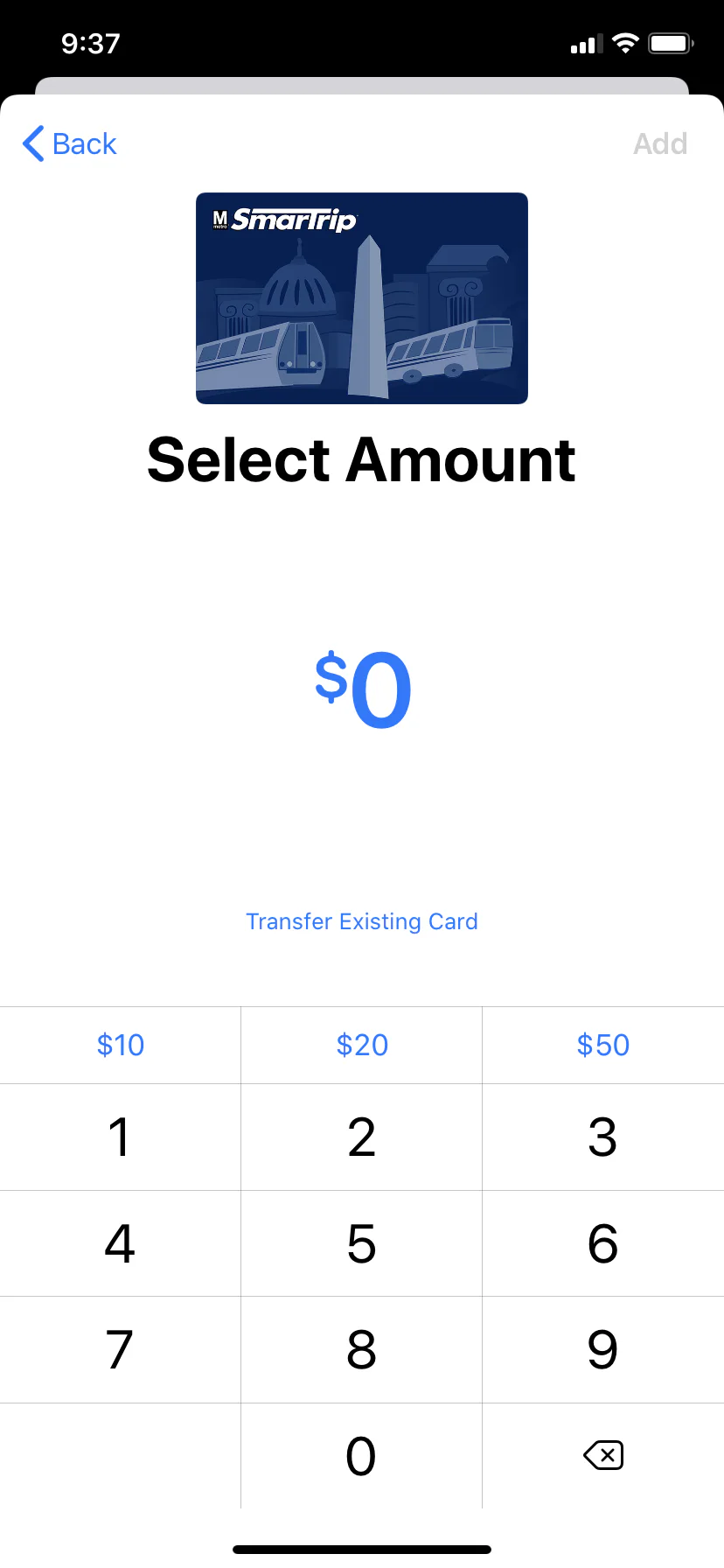 SmarTrip app screen for selecting a transfer amount