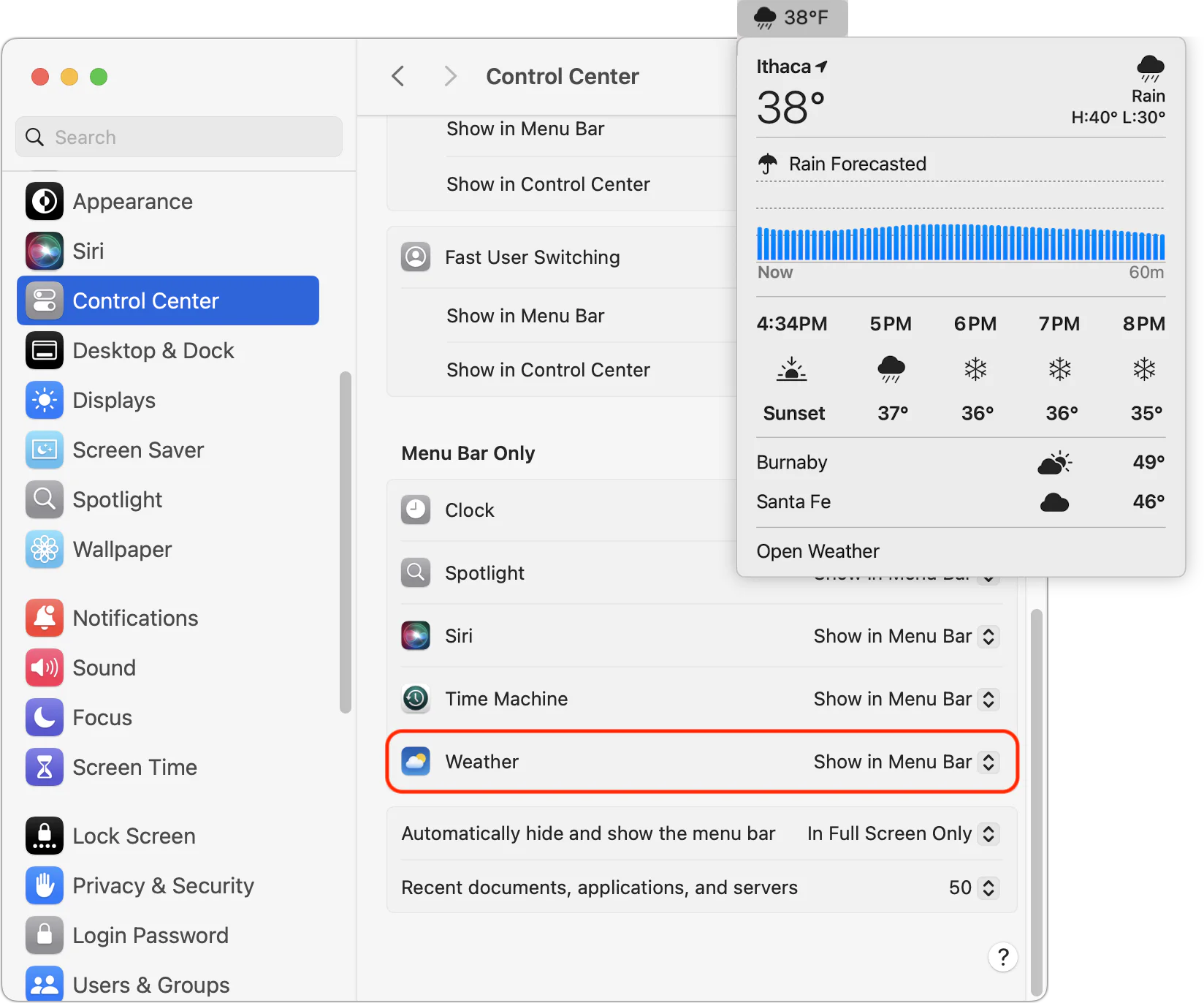 Mac System Settings with Weather enabled in the menu bar and its forecast menu open