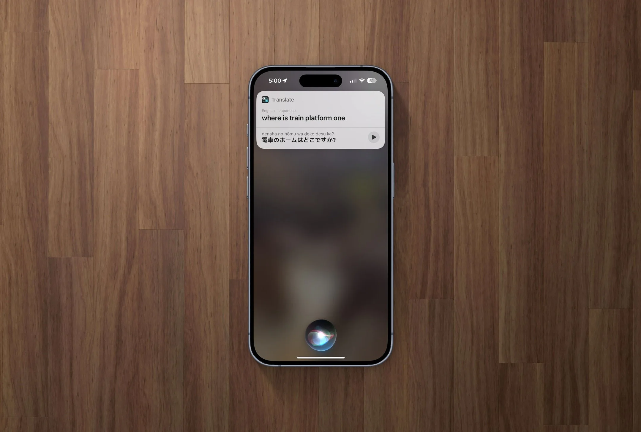 Apple device screenshot showing Translate where is train platform one densha no hömu wa doko desu ka?