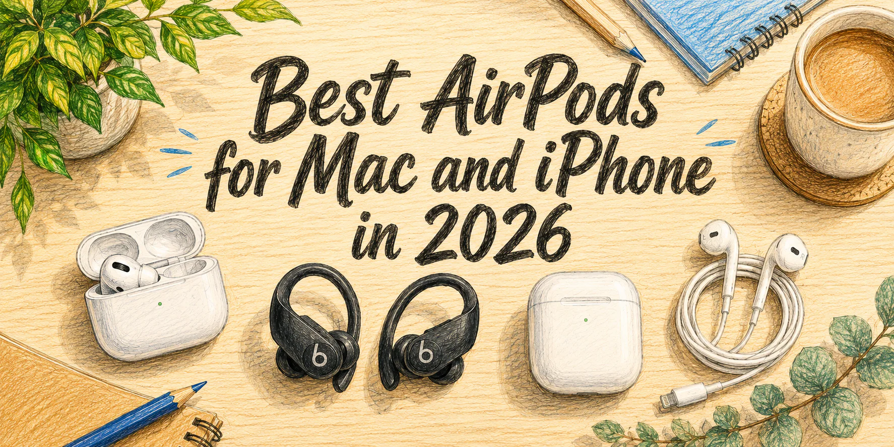 Hand-drawn illustration of AirPods Pro 3, Powerbeats Pro 2, AirPods 4, and EarPods arranged on a wooden desk
