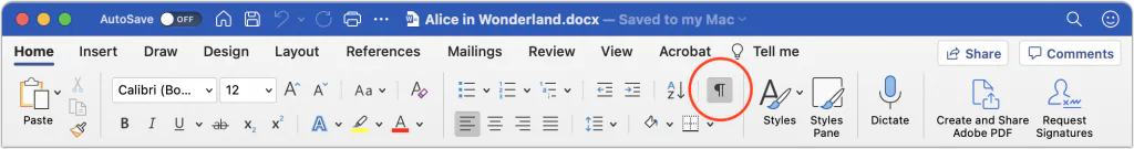 Microsoft Word ribbon with the Show or Hide formatting-marks button highlighted