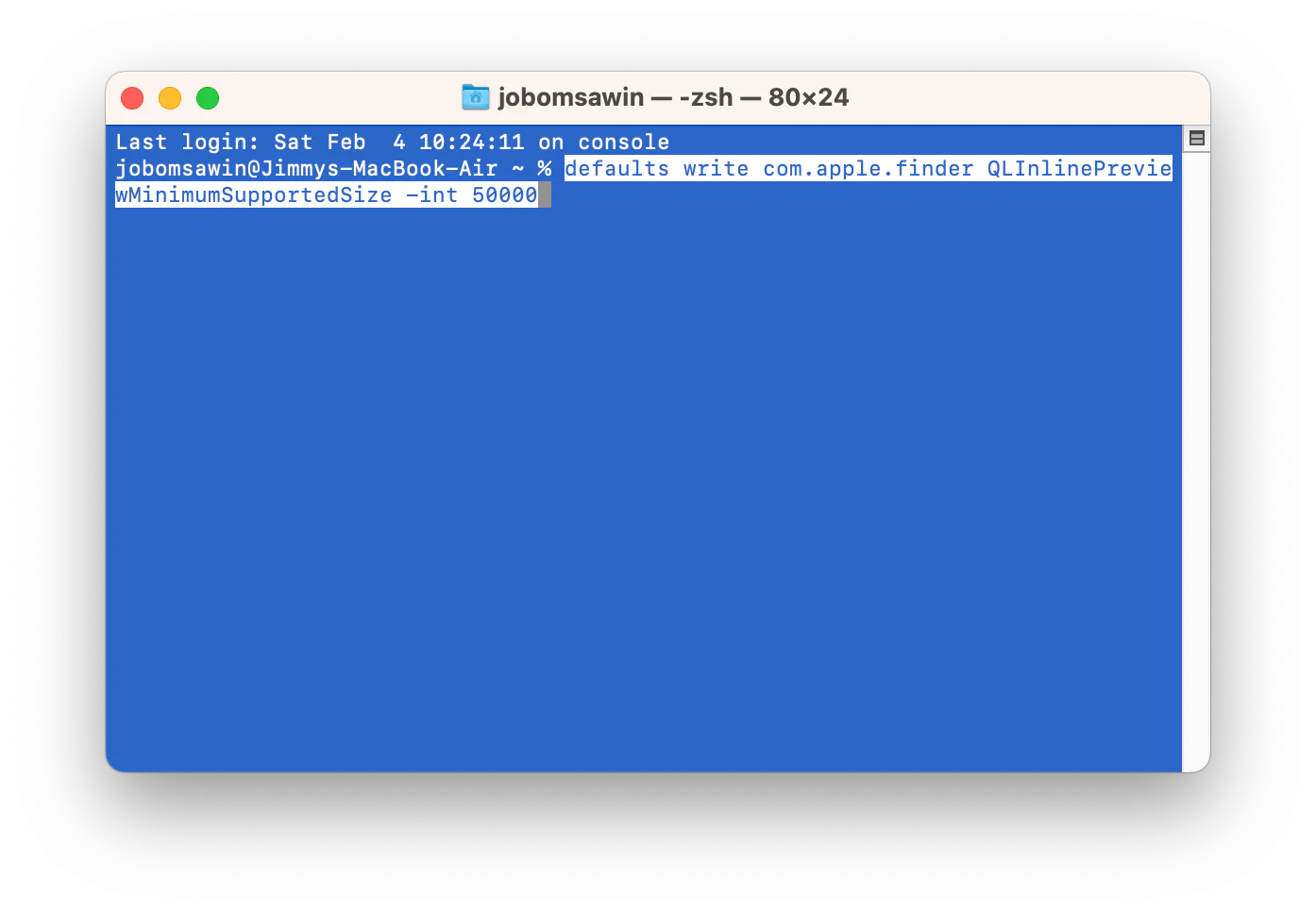 Terminal command for disabling inline video preview buttons in Finder