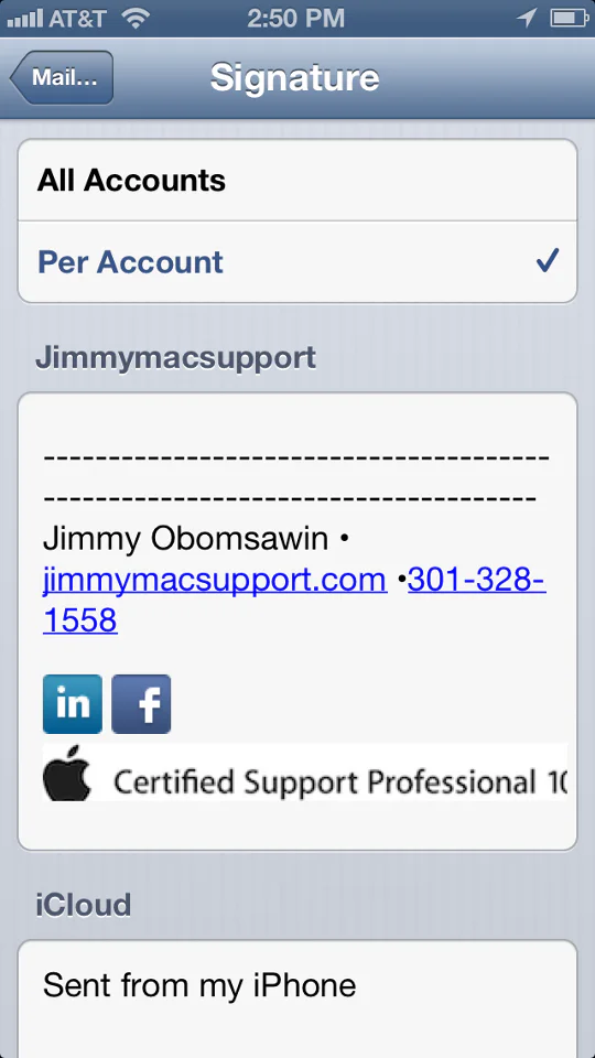 iPhone screenshot showing Mail... Signature All Accounts