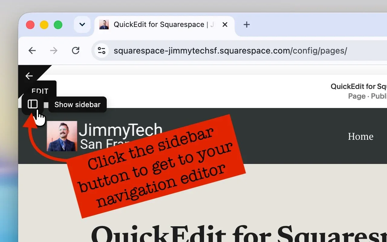 The editor's top-left corner: a back arrow to the live page, with a Show sidebar button.