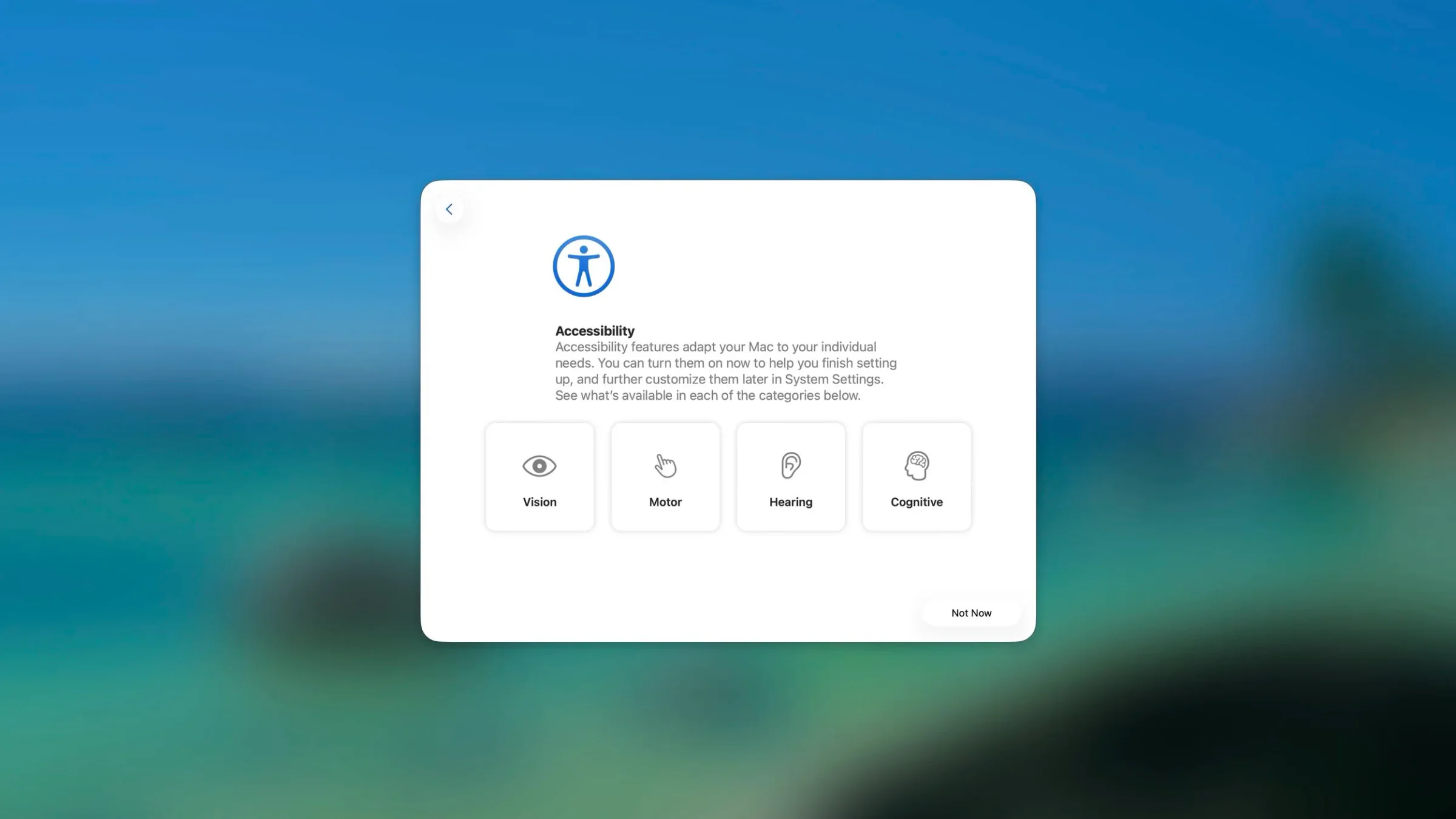 On a computer screen, an accessibility options menu is displayed with categories including Vision, Motor, Hearing, and Cognitive, against a blurred background.