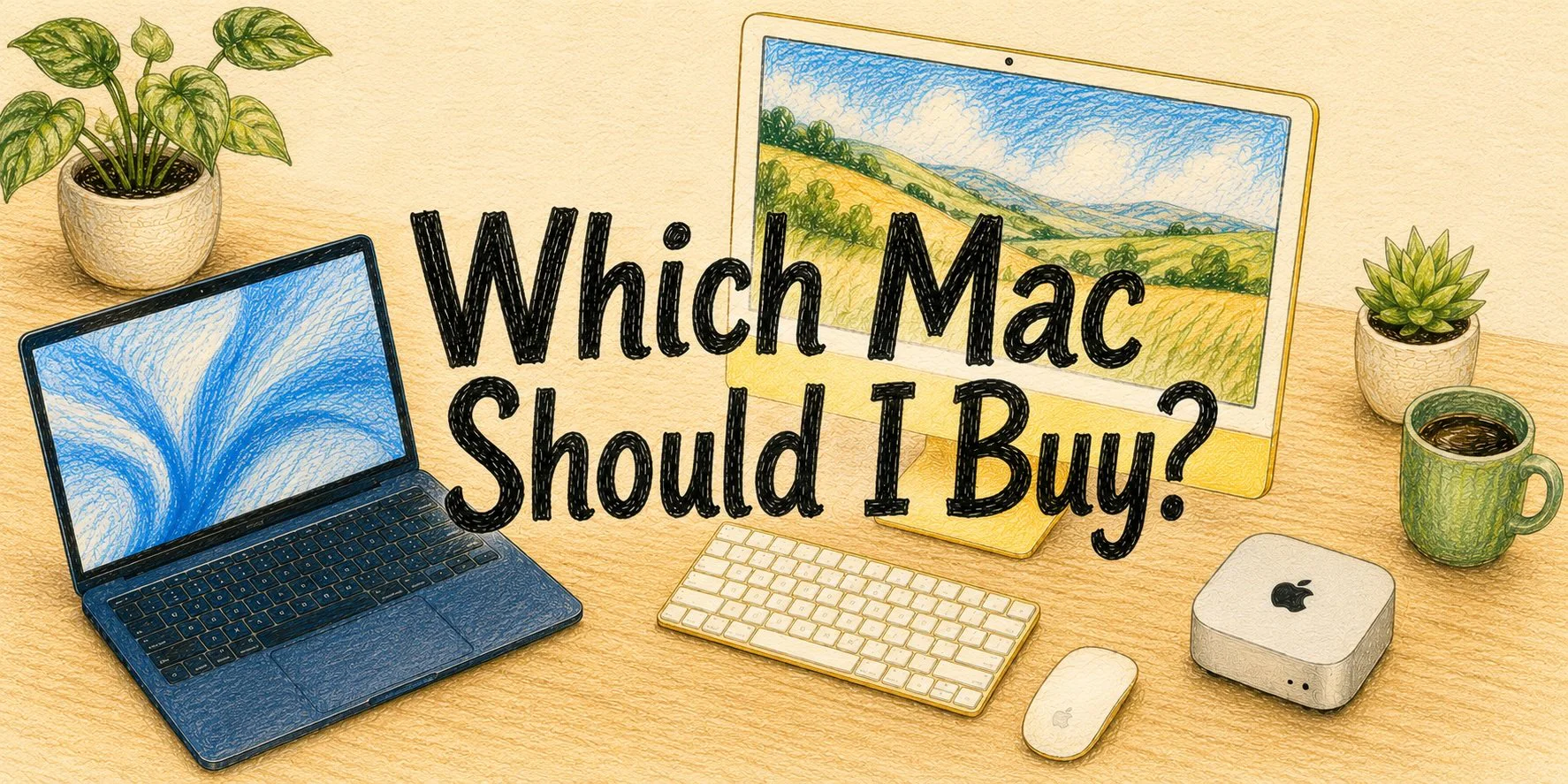 Colored pencil illustration of three MacBooks side by side on a wooden desk with the headline "Which Mac Should I Buy?"