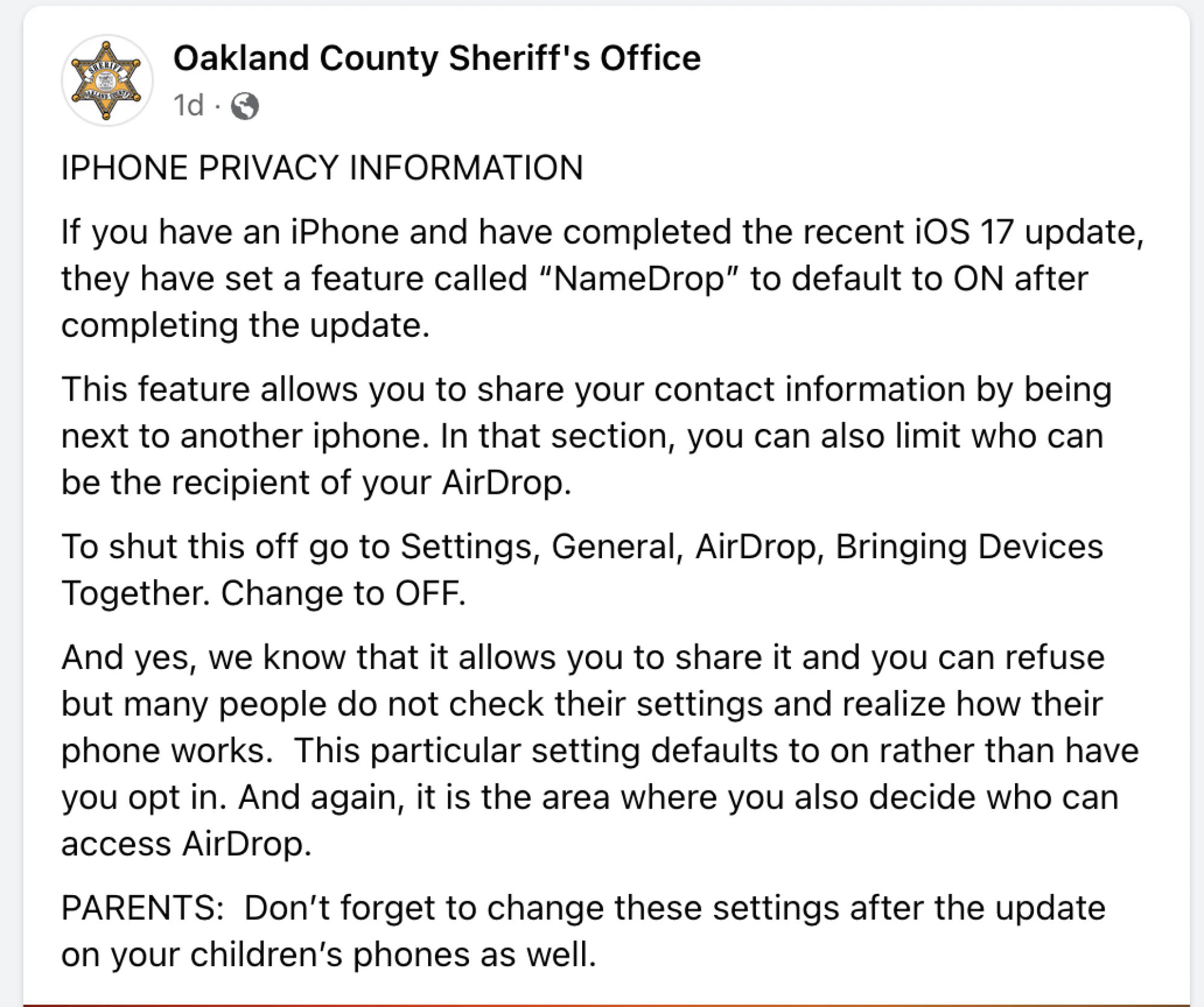 Oakland County Sheriff's Office warning about NameDrop privacy settings
